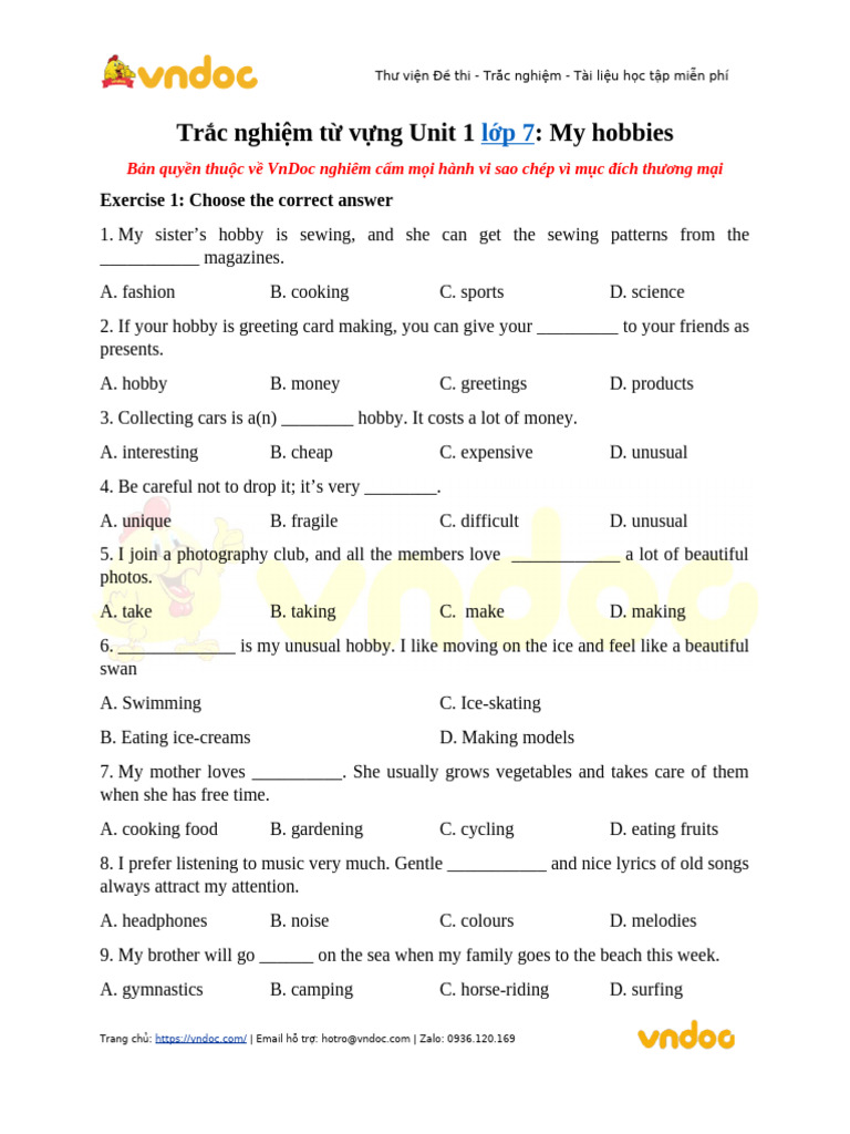 Trac Nghiem Tu Vung Unit 1 Lop 7 Hobbies | PDF