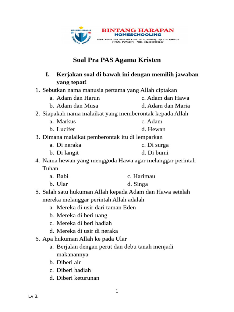 Soal Pra PAS Agama Kristen dan Jawaban | PDF