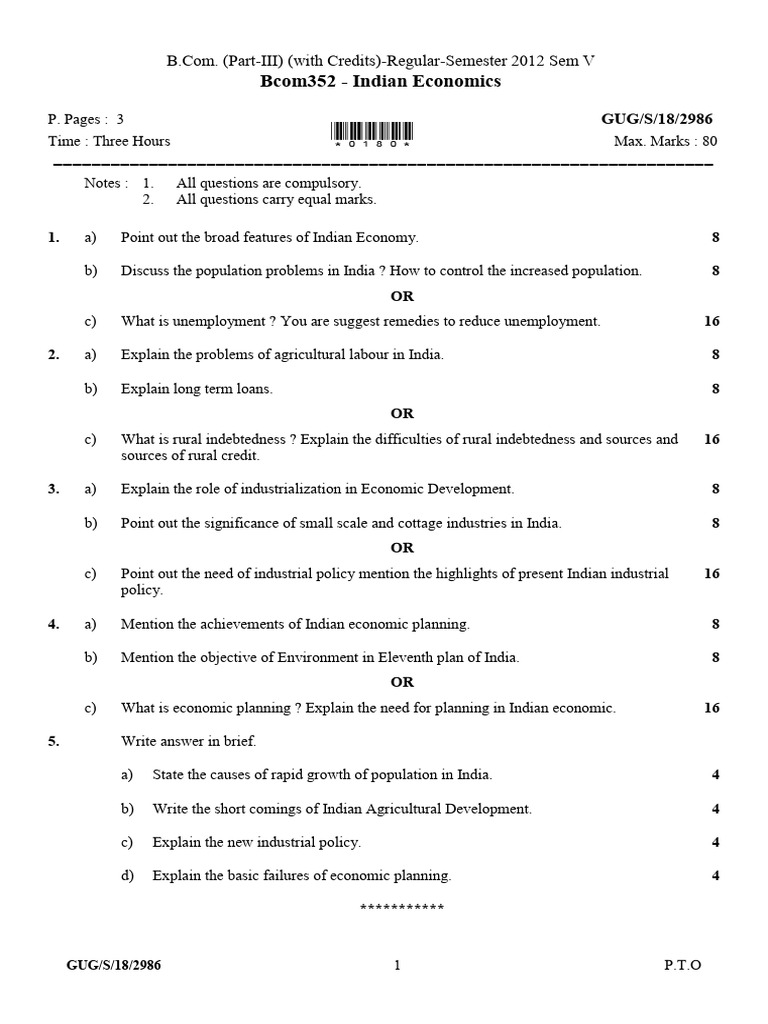 Bcom 5 Sem Indian Economics 2986 Summer 2018 | PDF | Macroeconomics ...