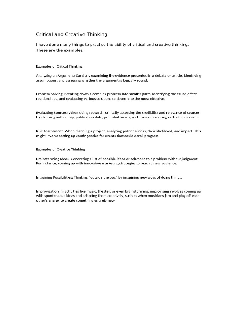Examples of Critical and Creative Thinking | PDF