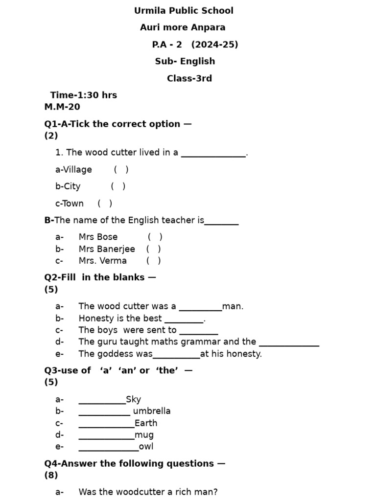 Class 3 English Exam Paper 2024-25 | PDF