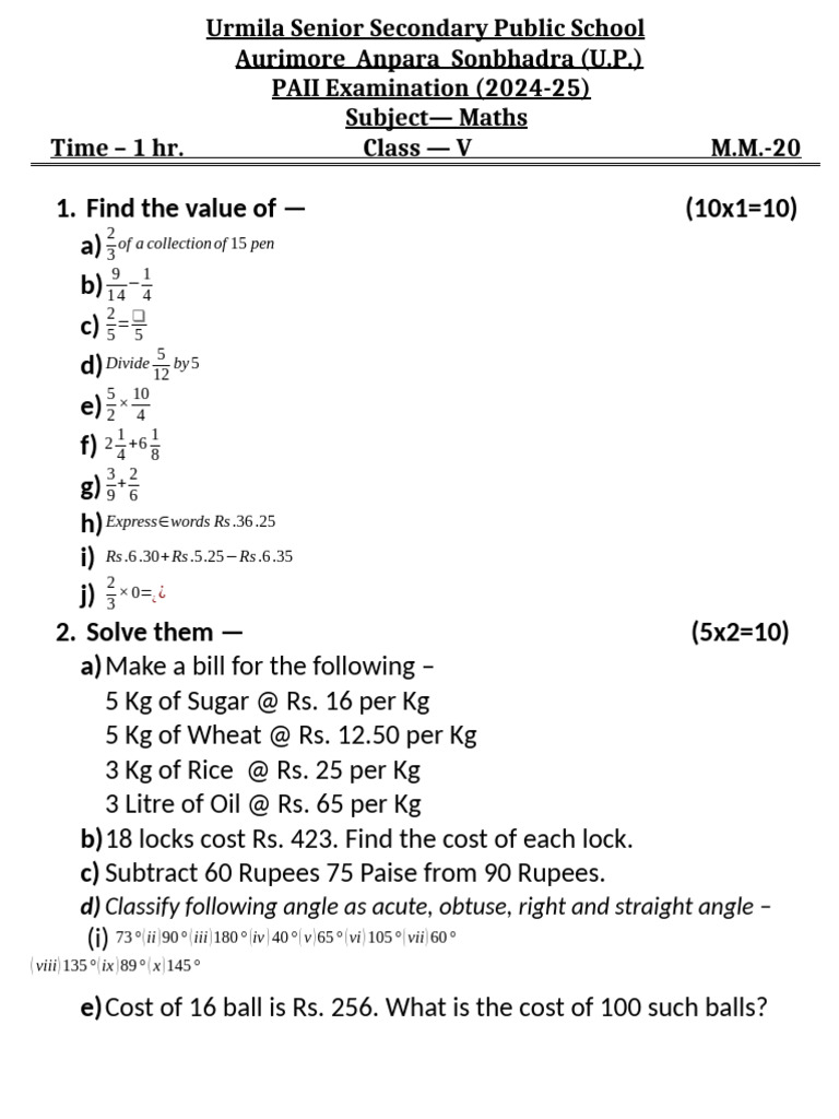 5 Maths PA II 2024-25 | PDF