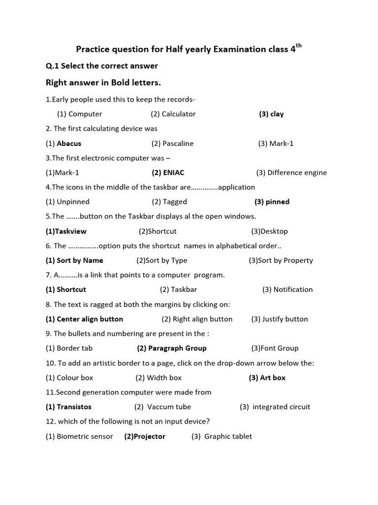 Practice Question Question For Half Yeary Examination Class 4th | PDF ...