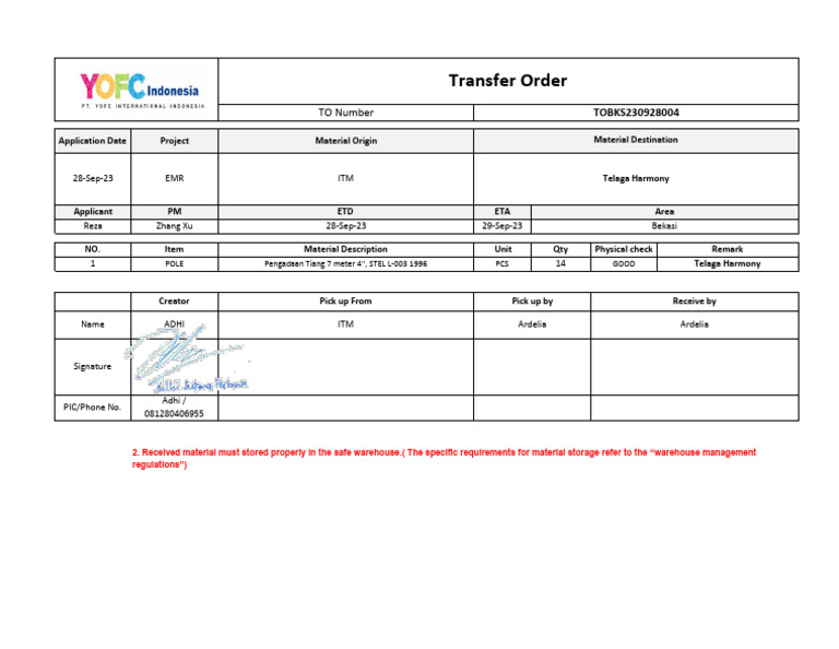 Material Transfer Order Details | PDF