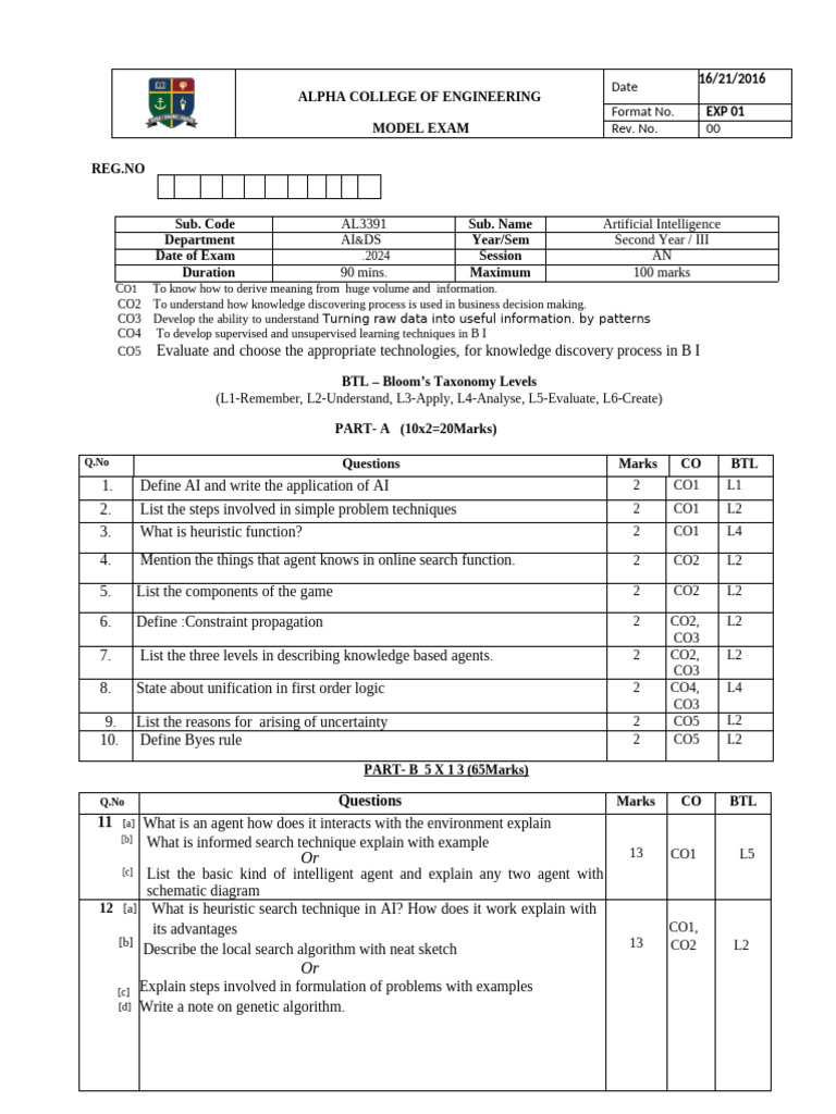 MODEL QP FOR AI&DS alpha | PDF | Artificial Intelligence | Intelligence ...