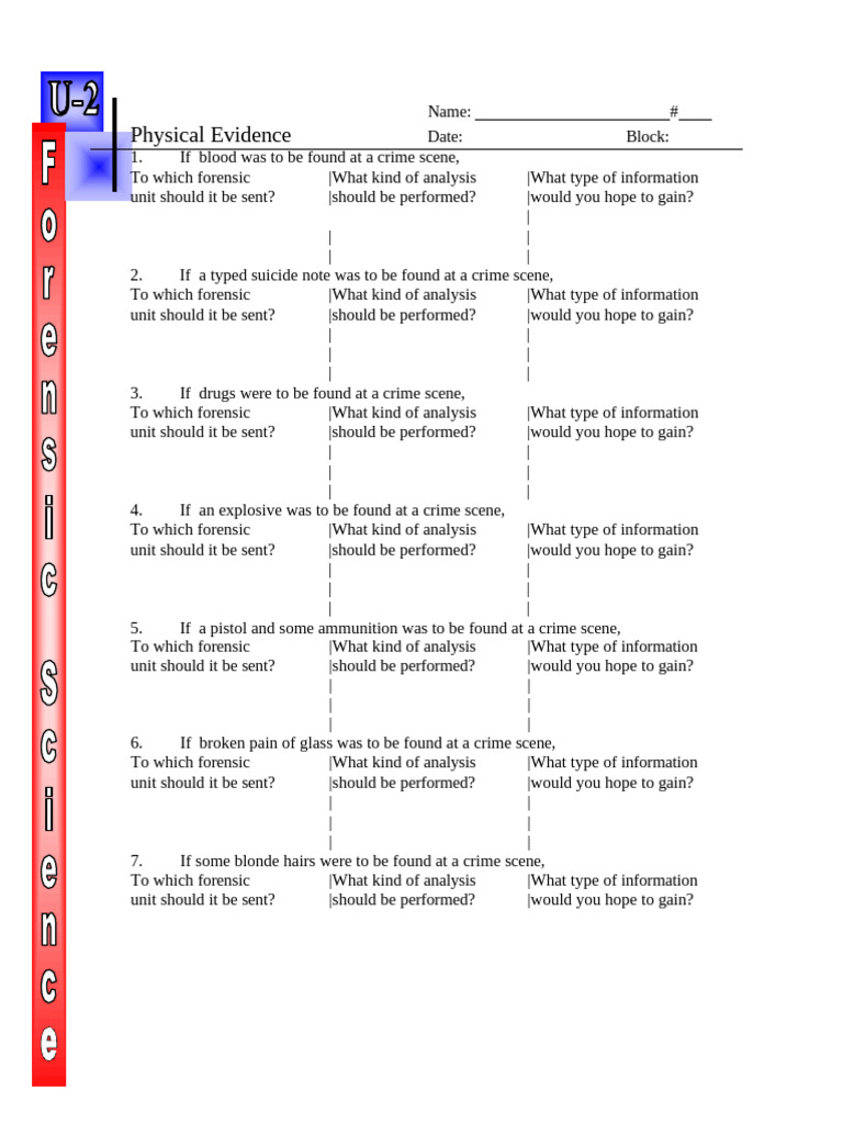 Unit+2+Physical+Evidence+WS | PDF | Crime Scene | Forensic Science