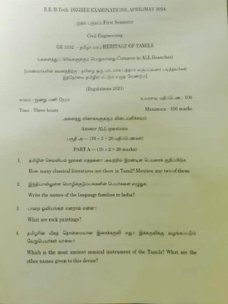 GE3152: Heritage of Tamils Exam Guide | PDF | Tamils | Languages Of ...