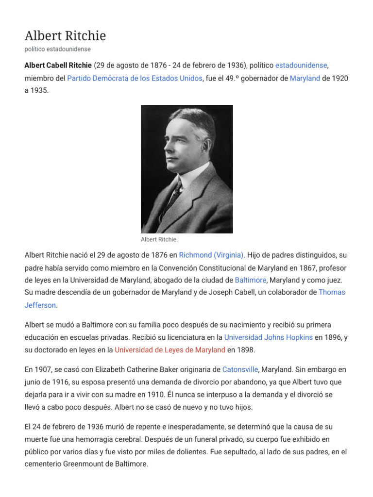 Biografía de Albert Ritchie, gobernador de Maryland | PDF