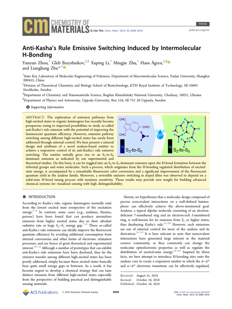 Anti Kasha S Rule Emissive Switching Induced by Intermolecular H ...