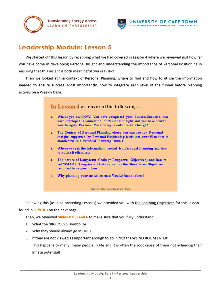 FF+Leadership+Module+Lesson+5+Reading | PDF | Leadership | Learning