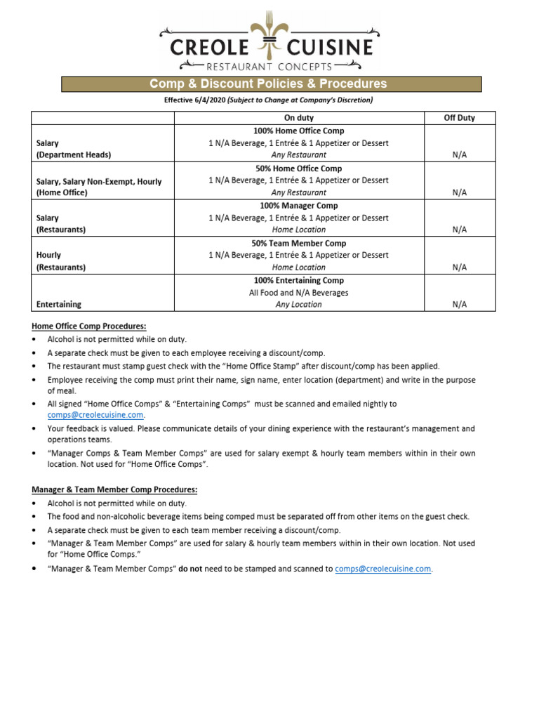 Comp Policies and Procedures | PDF | Restaurants | Hors D'oeuvre
