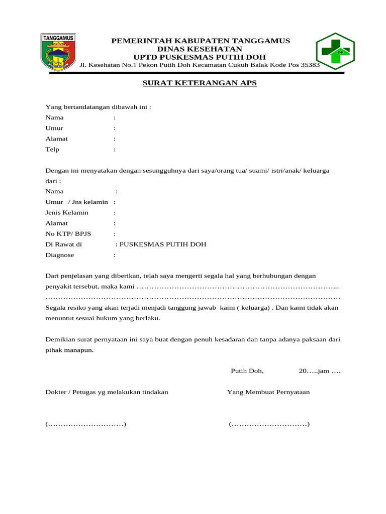 Surat Keterangan APS Puskesmas Putih Doh | PDF