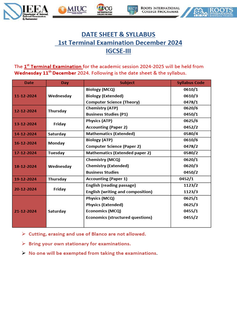 IGCSE-III December 2024 Exam Schedule | PDF | Metals | Labour Economics