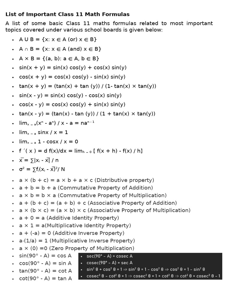 List of important class 11 math formulas pdf equations mathematics