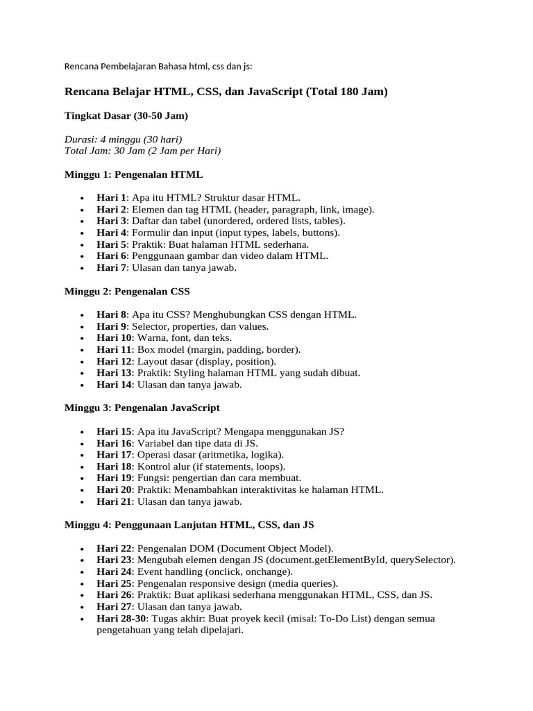 Rencana Pembelajaran bahasa html, css dan js | PDF image.