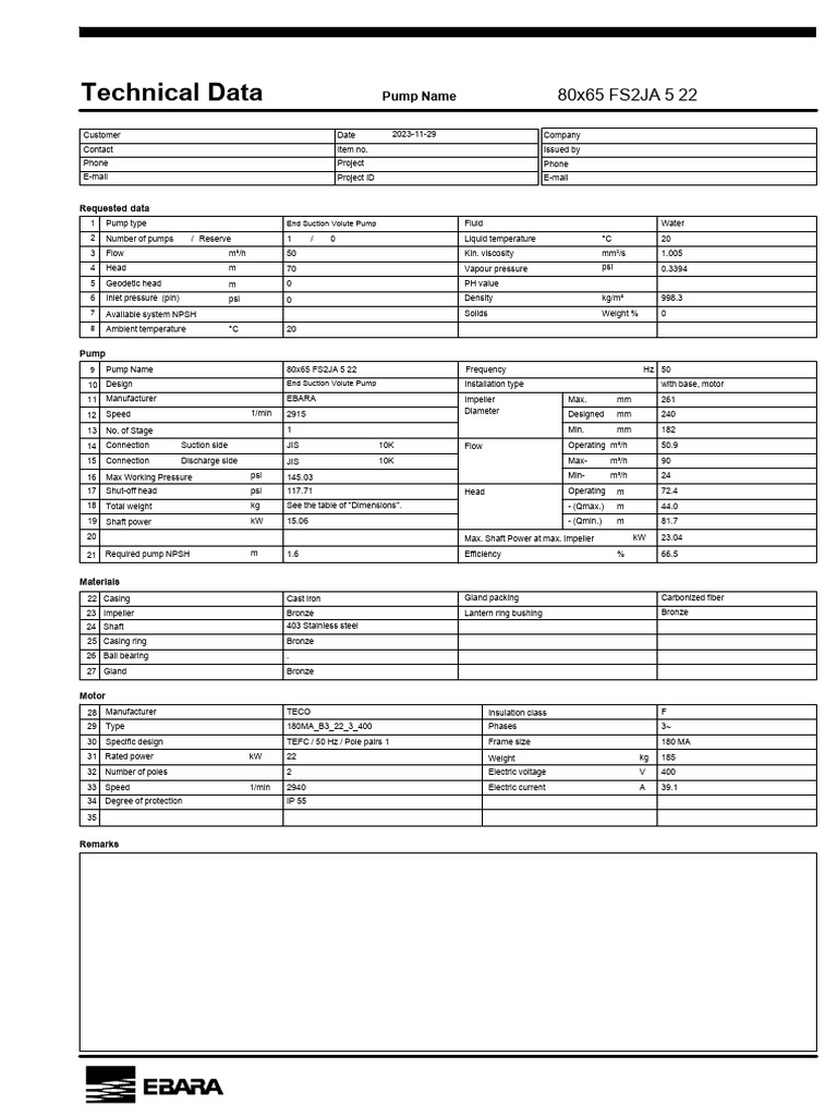 Technical Data for End Suction Pump | PDF | Pump | Mechanical Engineering