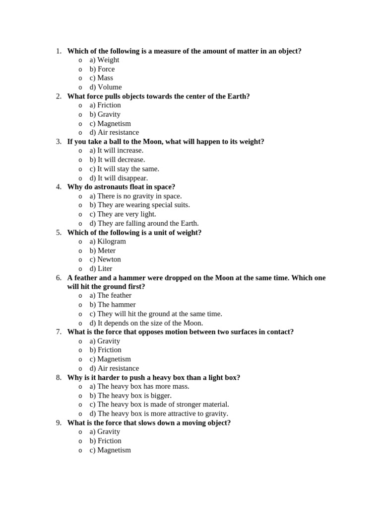 Force MCQ | PDF | Weight | Force