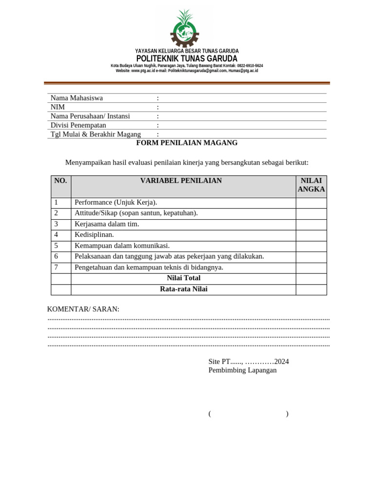 Form Penilaian Magang Politeknik Tunas Garuda | PDF