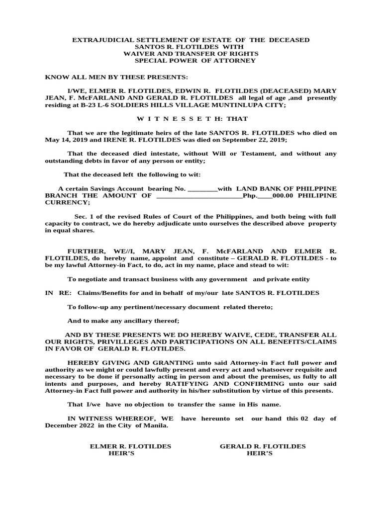 Extrajudicial Settlement From Bank | PDF | Power Of Attorney | Legal ...