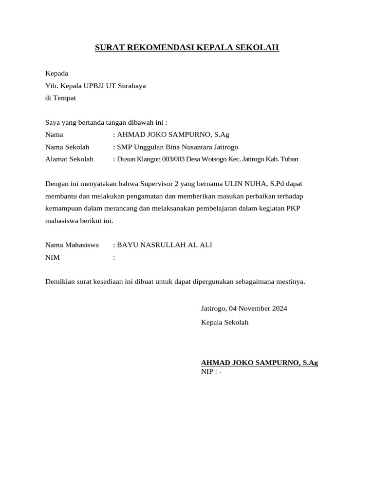 Surat Rekomendasi Kepala Sekolah | PDF