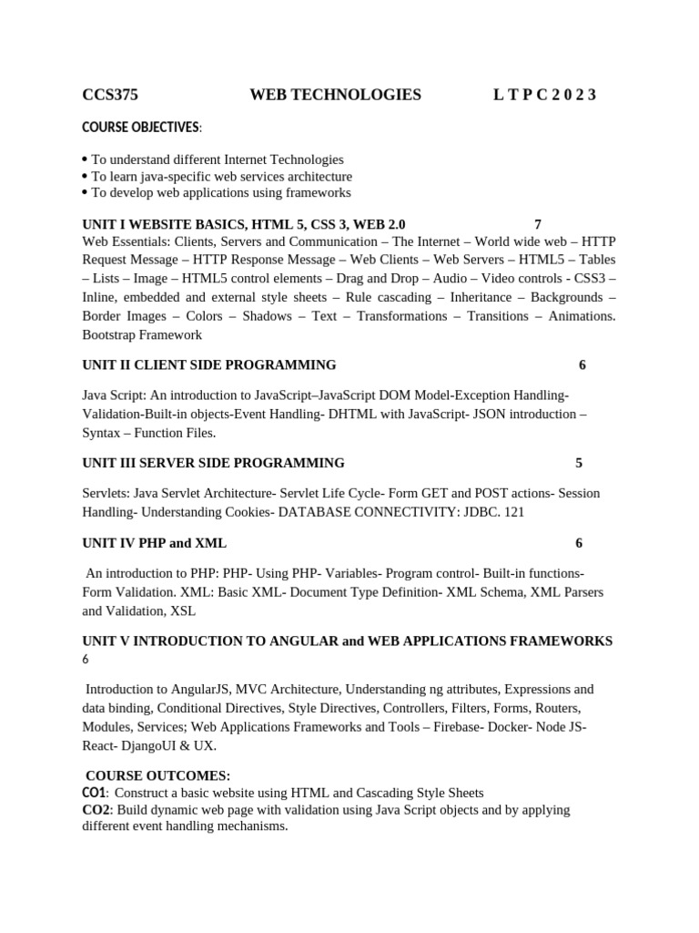 CCS375 Web Technologies Syllabus | PDF | World Wide Web | Internet & Web