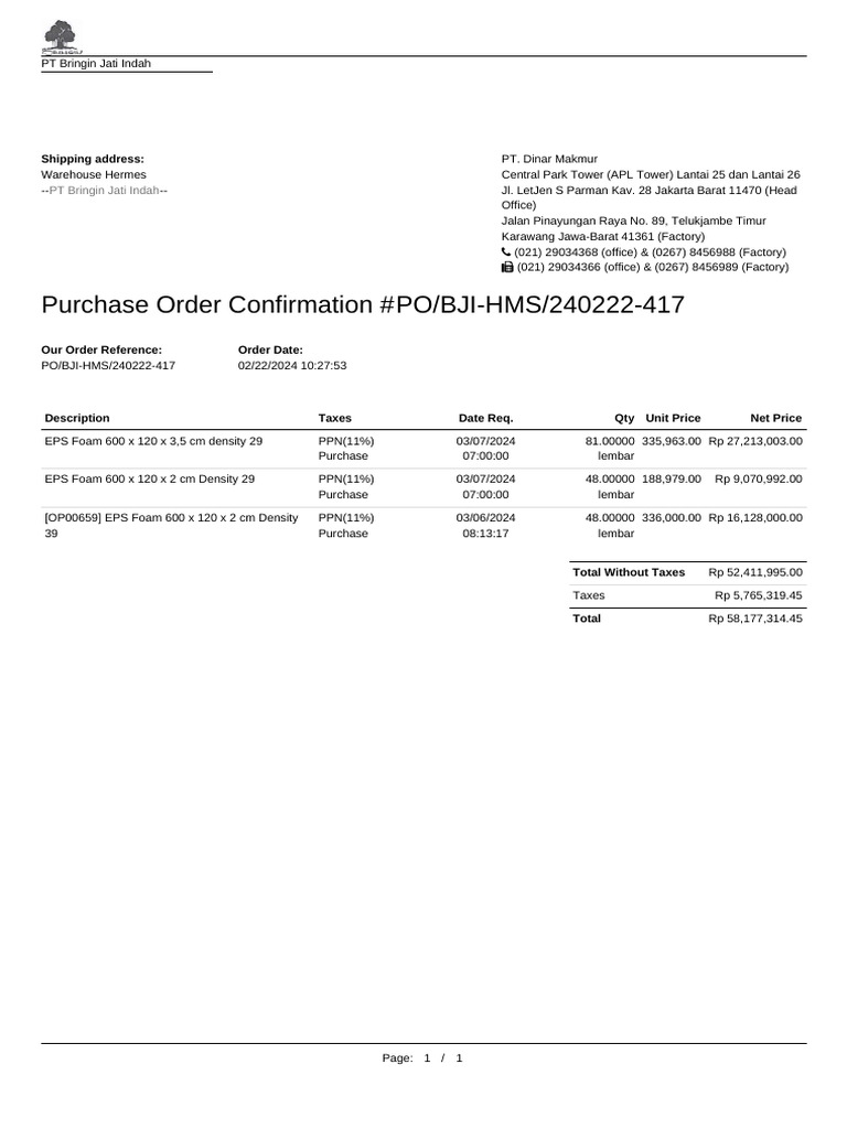 EPS Foam Purchase Order Confirmation | PDF