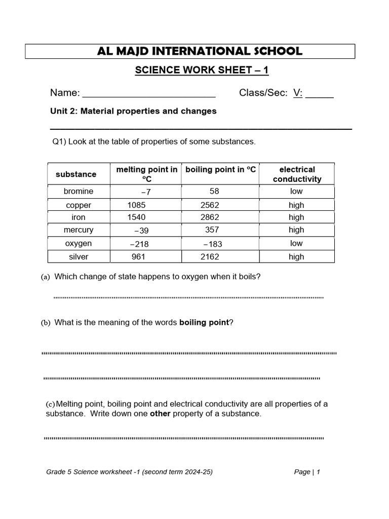 GR 5 Science Wksheet-1 Unit - 2 Material Properties and Changes | PDF ...