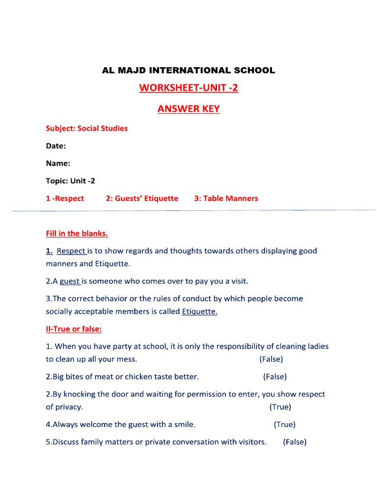 Unit 2 Worksheet Answer Key PDF