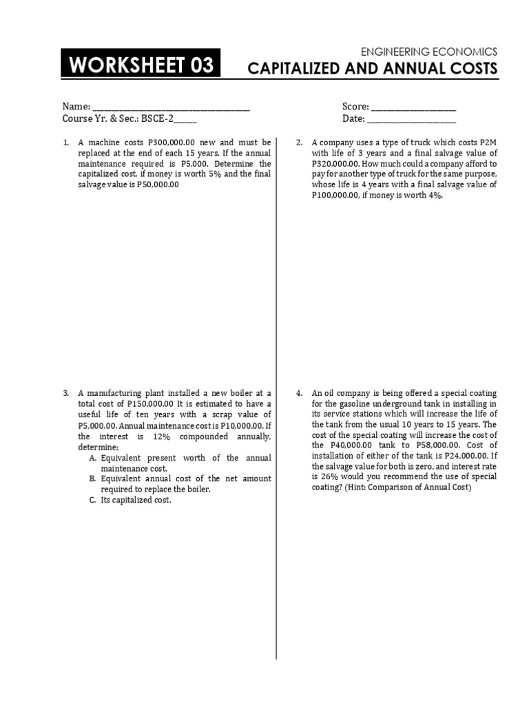 Worksheet Capitalized Cost and Annual Cost | PDF | Interest | Economies