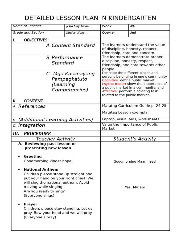Kindergarten Detailed Lesson Plan | PDF