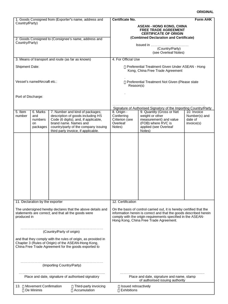 ASEAN-Hong Kong Certificate of Origin | PDF