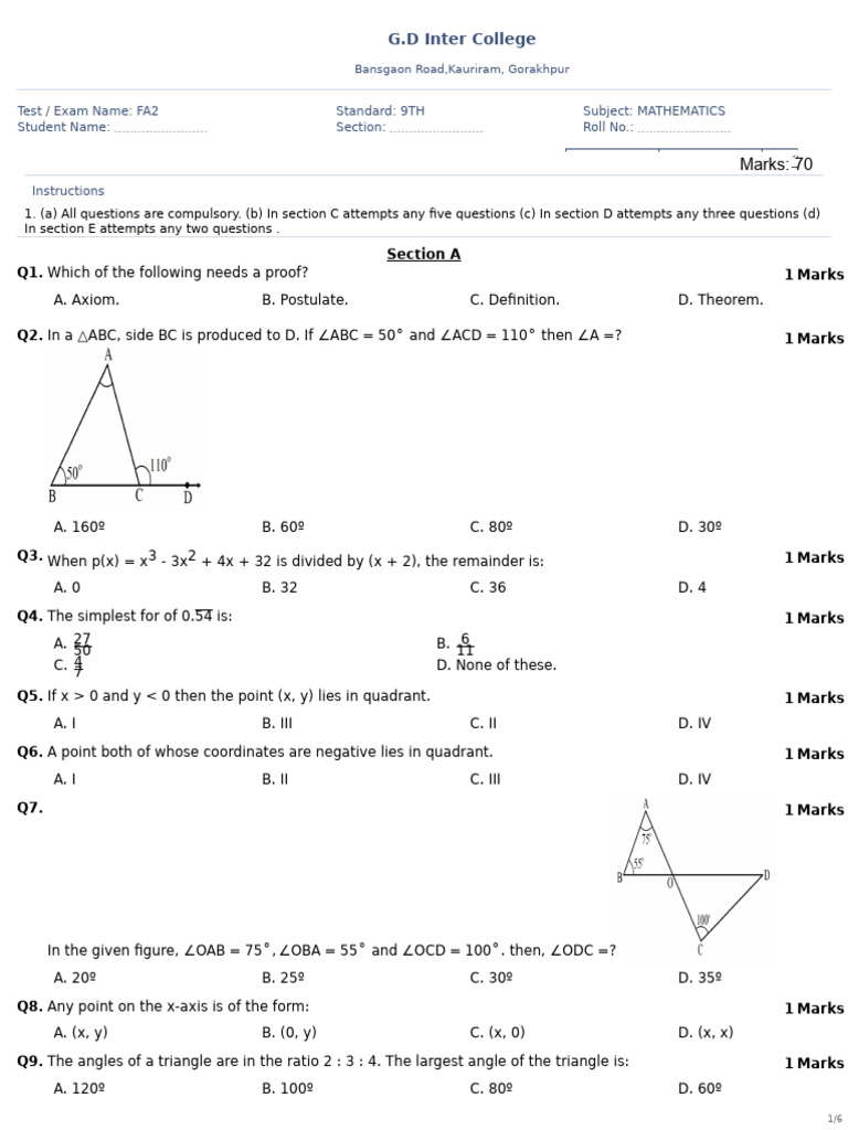 9th Grade Mathematics FA2 Exam Paper | PDF | Formalism (Deductive ...