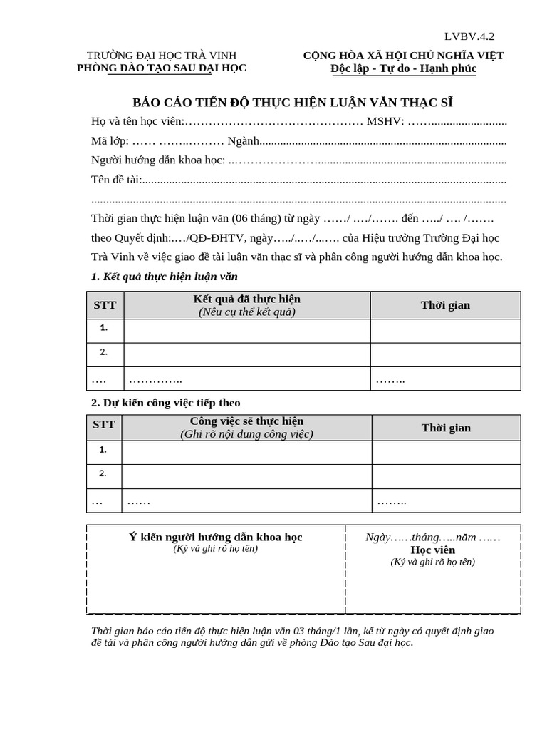 LVBV.4.2 - Bao Cao Tien Do Thuc Hien Luan Van | PDF