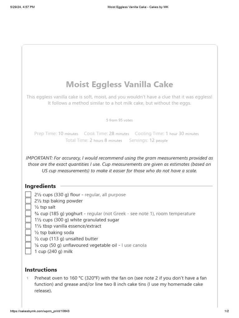 Moist Eggless Vanilla Cake Recipe | PDF | Fat | Cakes