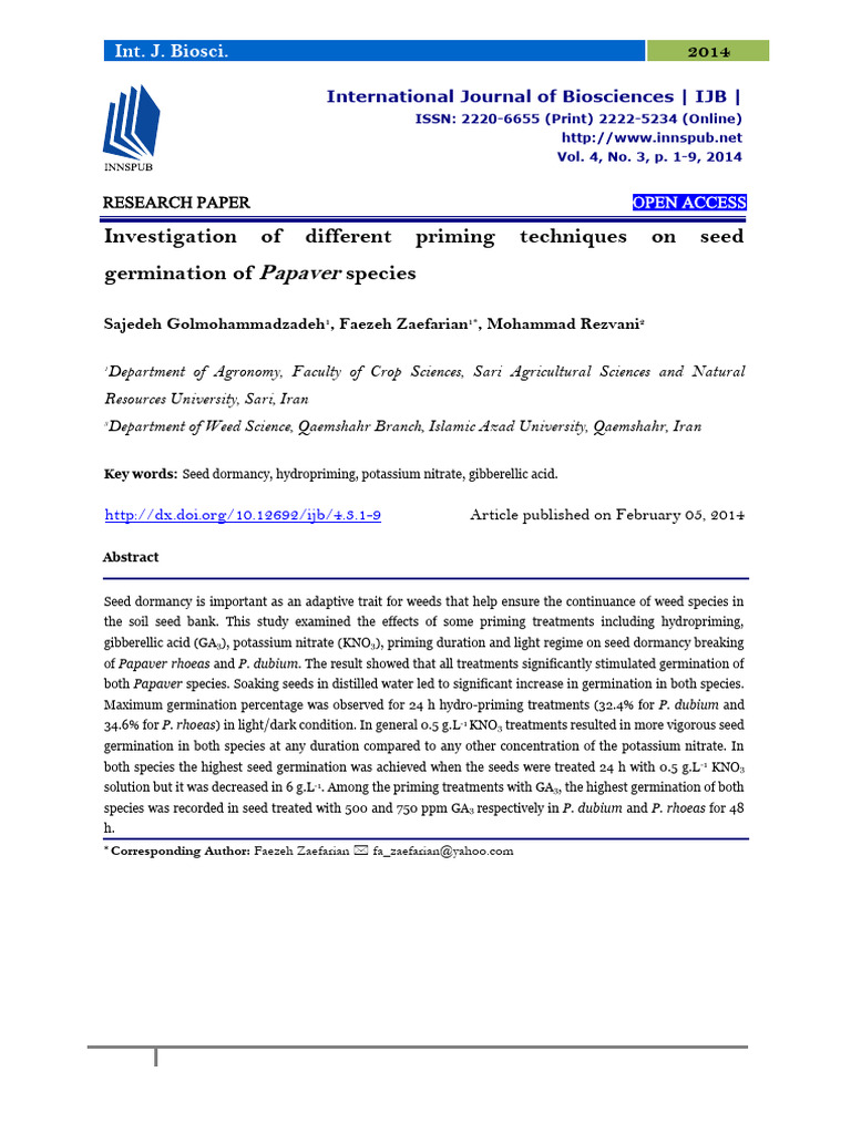 Investigation of Different Priming Techniques On Seed Germination of ...