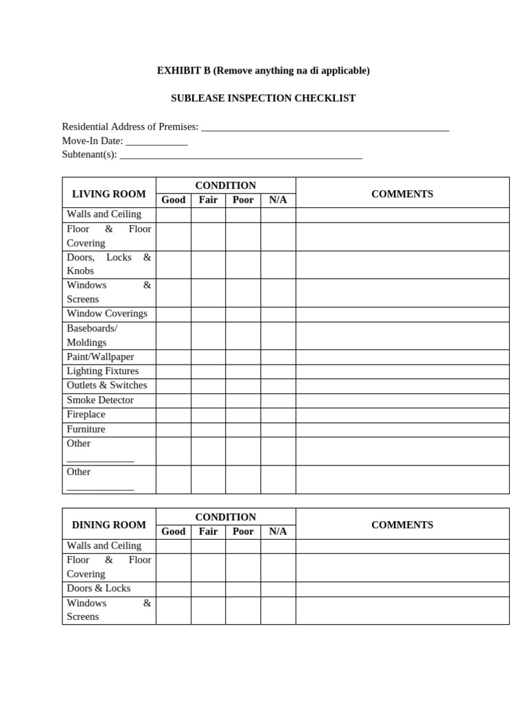 Sublease Inspection Checklist Template | PDF | Bathroom | Home