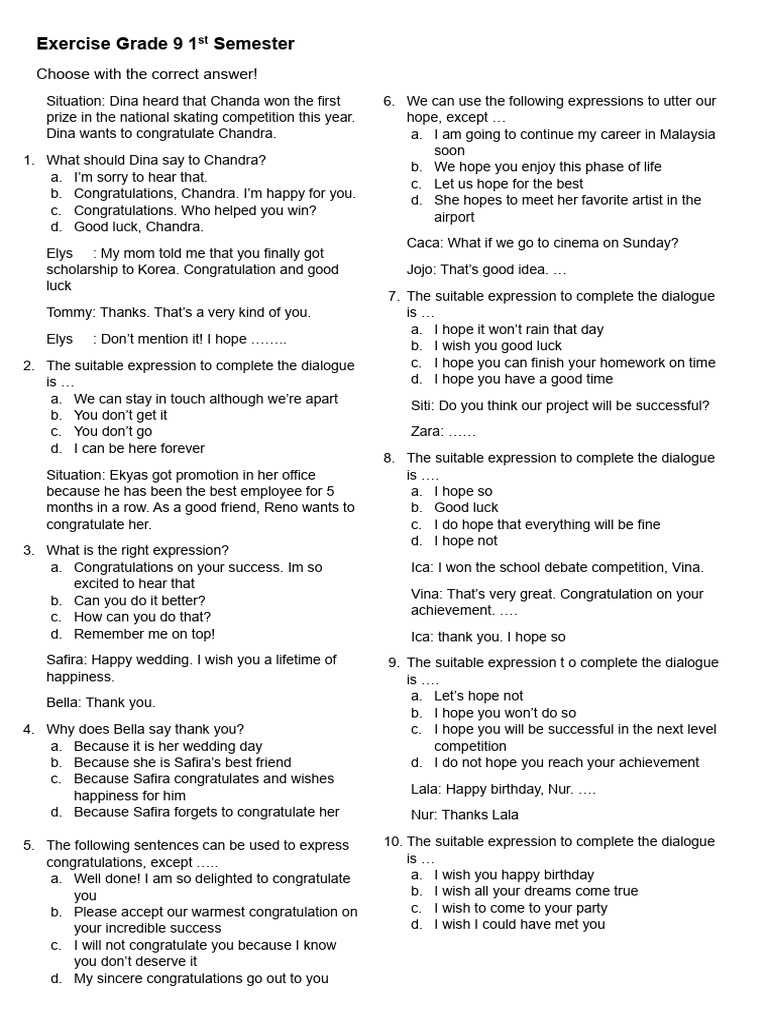 Exercise Grade 9 1st Semester | PDF