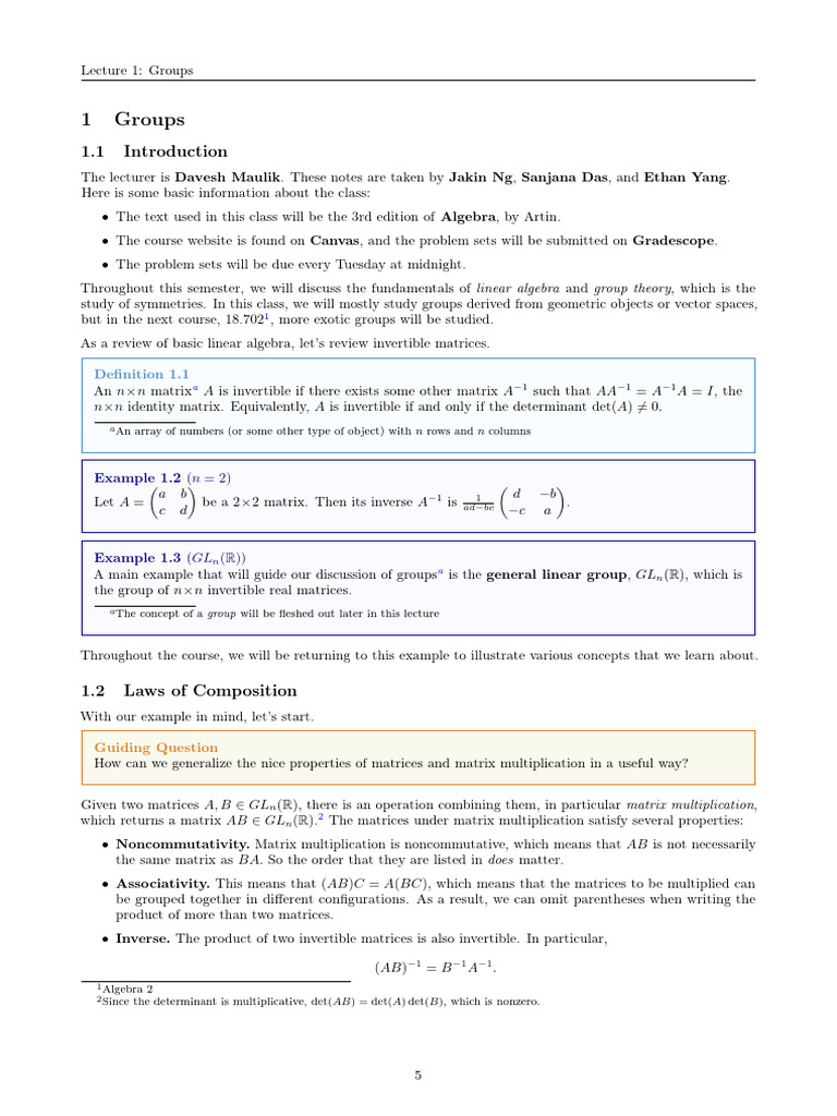 Mit18 701f21 Lect1 | PDF | Matrix (Mathematics) | Group (Mathematics)