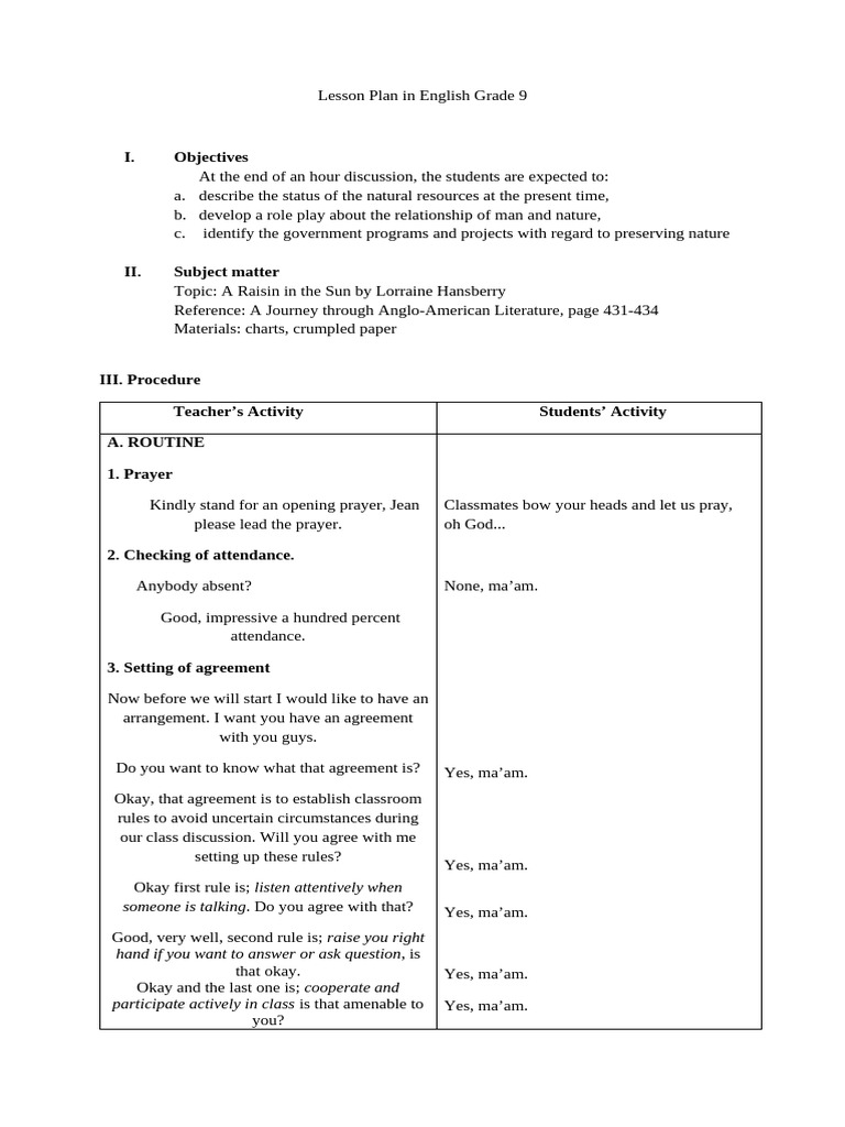 Grade 9 English Lesson Plan: Nature and Literature | PDF | Prayer ...