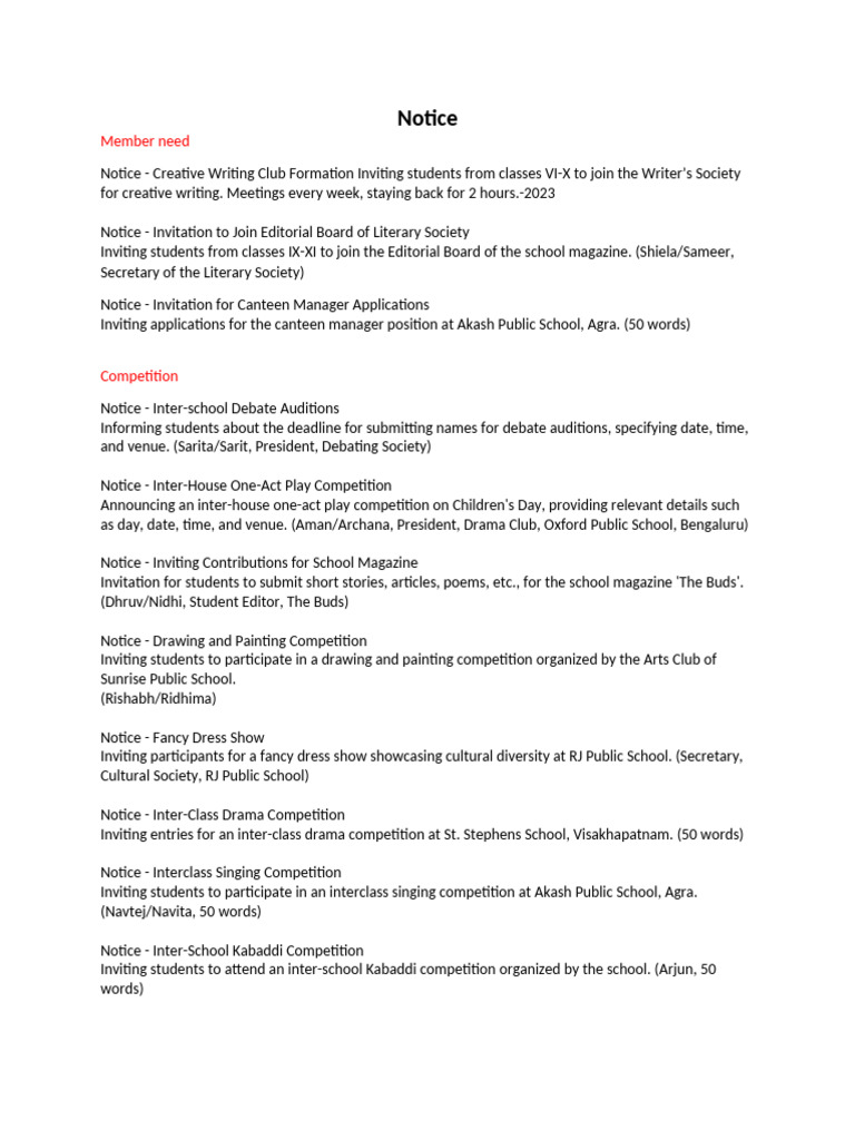 School Notices for Events and Competitions | PDF