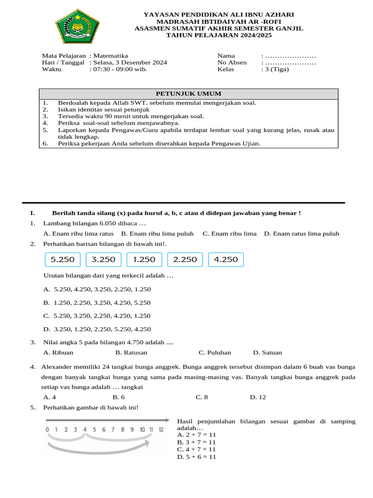 Soal Matematika Kelas 3 SD Semester 1 | PDF