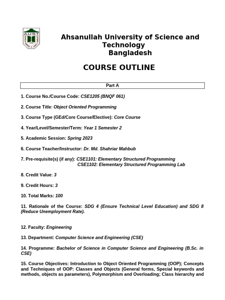 Object Oriented Programming Course Outline | PDF | Class (Computer ...