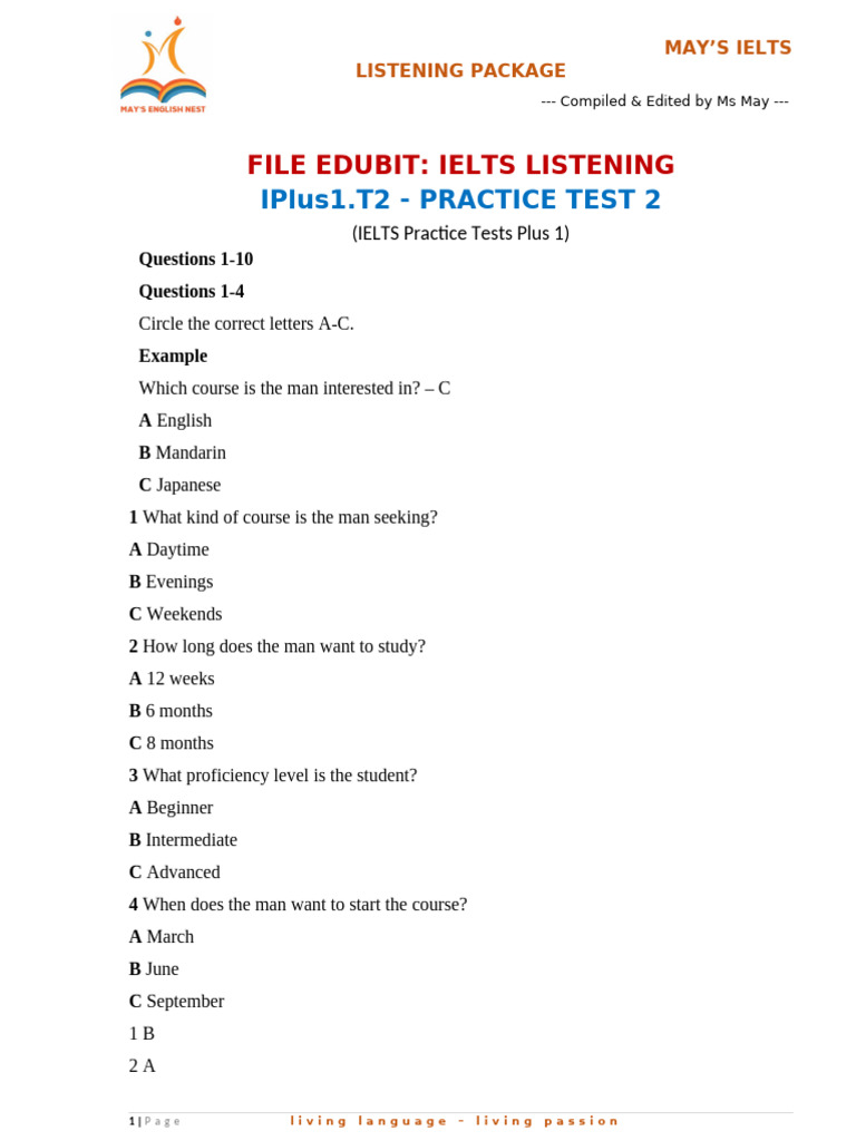 Il Iplus1.t2 Listening Test 2 | PDF