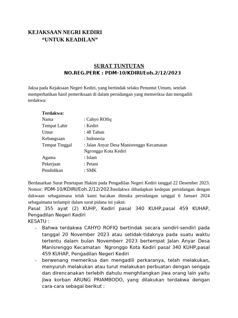 Tuntutan Kasus Pembunuhan Cahyo Rofiq | PDF