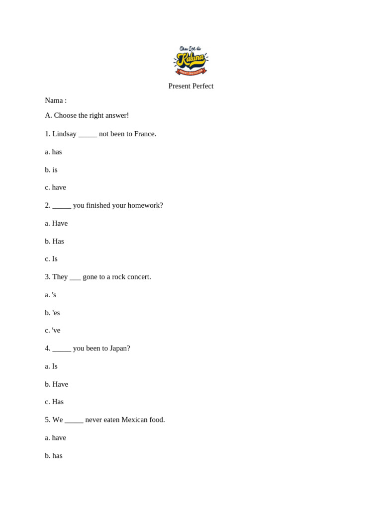 Paper Test Present Perfect | PDF