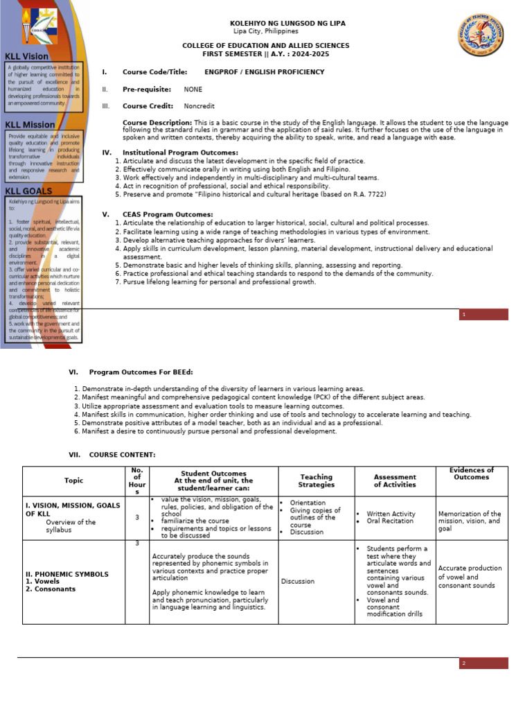 English Proficiency Course Syllabus | PDF | Verb | Adjective