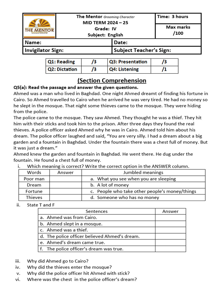 English Midterm Exam for Grade IV | PDF | Pronoun | Linguistic Typology