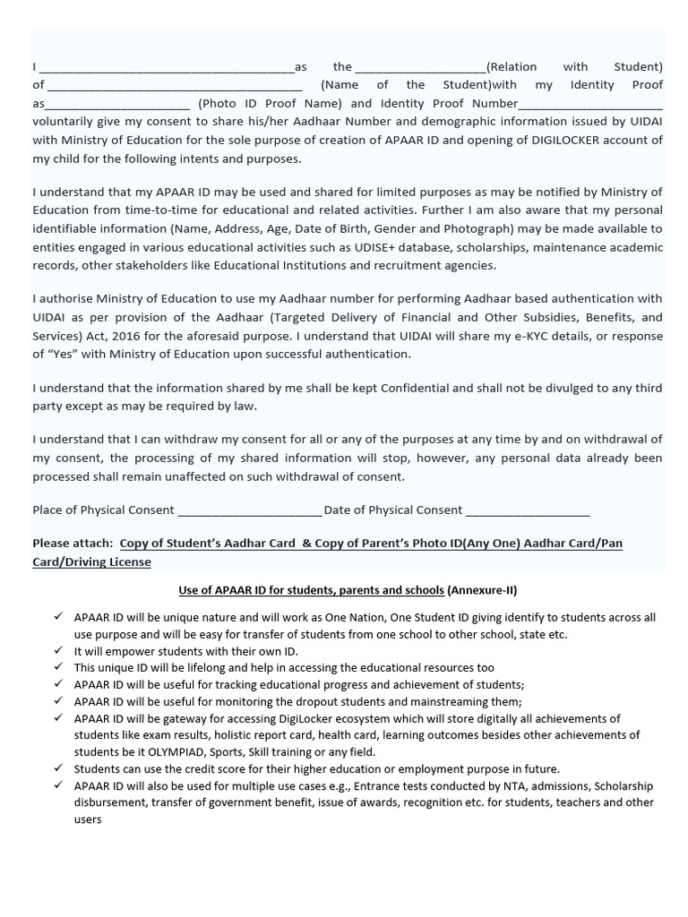 Consent Letter For APAAR ID Generation | PDF