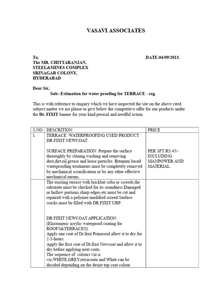 Terrace Waterproofing Quotation | PDF | Secondary Sector Of The Economy ...