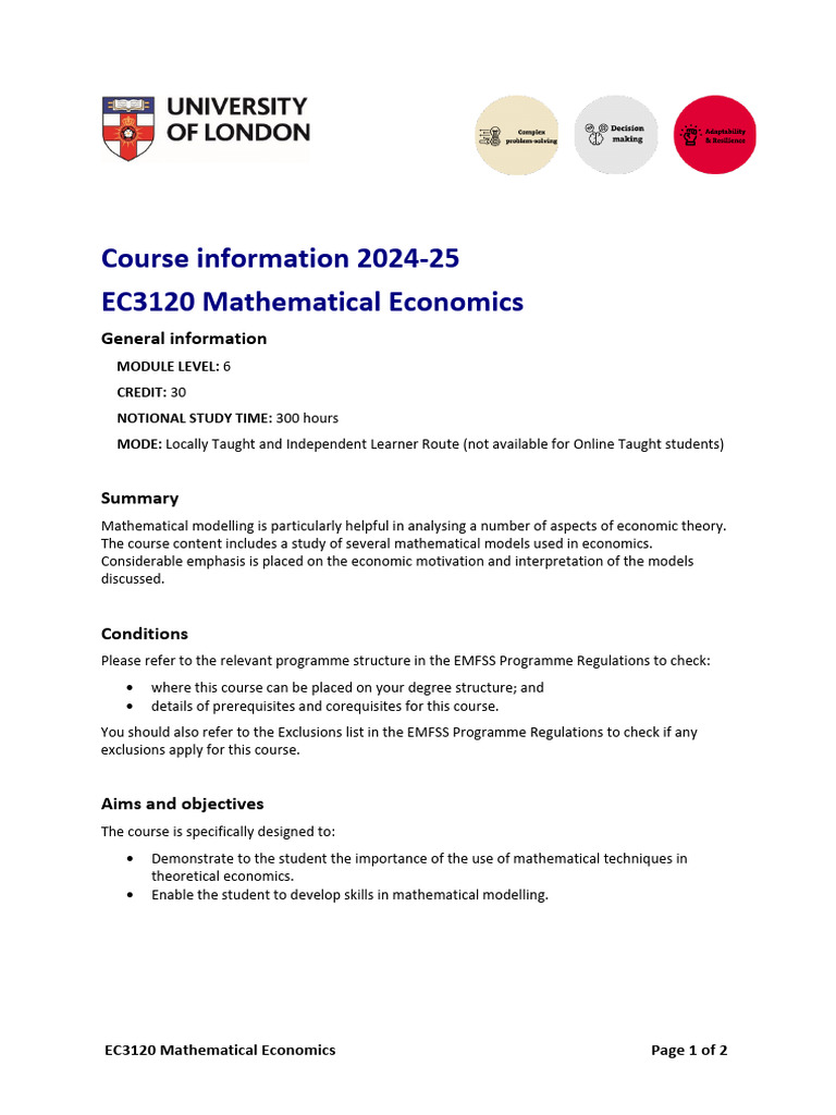Mathematical Economics Course Overview | PDF | Mathematical ...